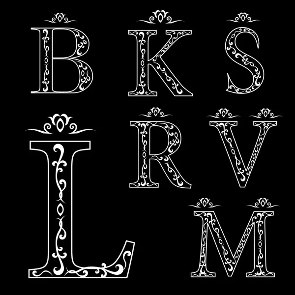Элементы дизайна монограммы, изящный шаблон. Дизайн логотипа каллиграфической элегантной линии. Роскошное письмо эмблема B, K, M, S, R, V, L для королевских особ, визитная карточка, бутик, ювелирные изделия. Векторная иллюстрация — стоковый вектор