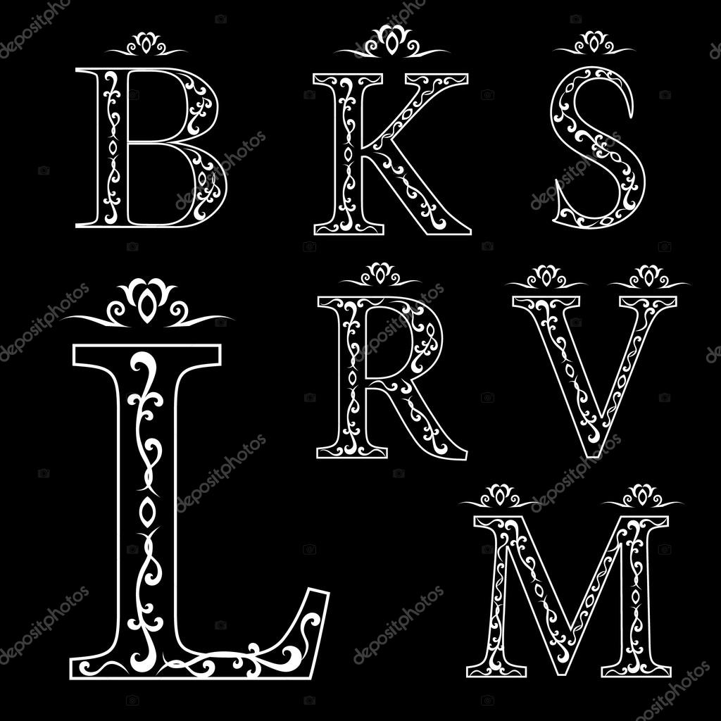Vector illustration of Monogram design elements, graceful template. Calligraphic elegant line art logo design. Luxury Letter emblem B, K, M, S, R, V, L for Royalty, business card