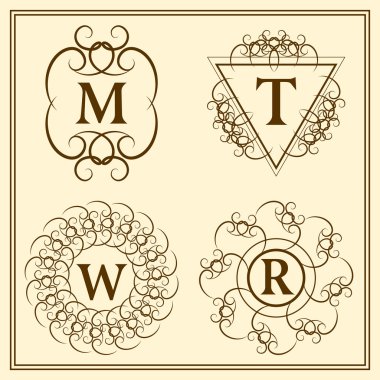 Monogram tasarım öğeleri, zarif şablonu. Kaligrafi zarif hat Sanat logo tasarımı. Mektup amblemi T, R, M, lisanslı, kartvizit, için W Boutique Hotel, Heraldic, takı. Vektör çizim