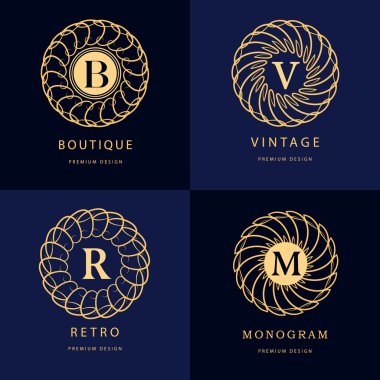 Monogram tasarım öğeleri, zarif şablonu. Kaligrafi zarif hat Sanat logo tasarımı. Mektup amblemi B, R, M, lisanslı, kartvizit, için V Boutique Hotel, Heraldic, takı. Vektör çizim