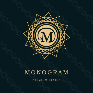 Monogram tasarım öğeleri, zarif şablonu. Kaligrafi zarif hat Sanat logo tasarımı. Mektup amblemi M. iş işareti Kraliyet ailesi, butik, kafe, otel, Heraldic, takı, şarap. Vektör çizim