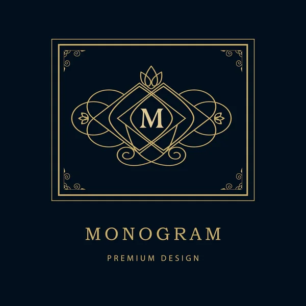 Monogram designelement med graciösa mall. Kalligrafiska elegant linje art Logotypdesign. Brev emblem M. Business tecken för kungligheter, Boutique, Cafe, Hotell, heraldiska, smycken, vin. Vektor illustration — Stock vektor