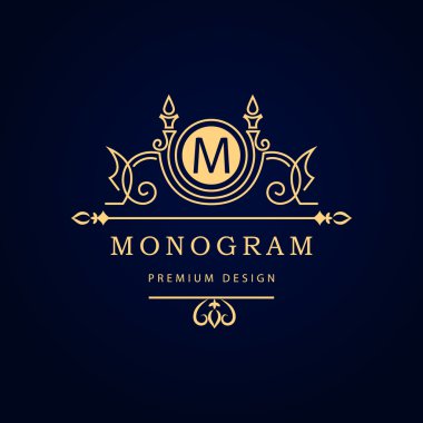Monogram tasarım öğeleri, zarif şablonu. Kaligrafi zarif hat Sanat logo tasarımı. Mektup amblemi M için Royalty, kartvizit, butik, otel, Restoran, Cafe, takı. Vektör çizim