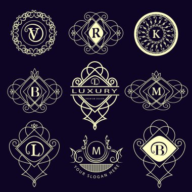 Monogram design elements, graceful template. Calligraphic elegant line art logo design. Letter emblem B, L, M, V, R, K for Royalty, business card, Boutique, Hotel, Heraldic. Vector illustration
