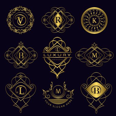 Monogram design elements, graceful template. Calligraphic elegant line art logo design. Letter emblem B, L, M, V, R, K for Royalty, business card, Boutique, Hotel, Heraldic. Vector illustration