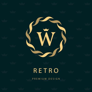 Monogram tasarım öğeleri, zarif şablonu. Zarif hat Sanat logo tasarımı. Mektup amblemi W. Retro Vintage nişan veya logo. İş işareti, kimlik, etiket, rozet, kafe, otel. Vektör çizim
