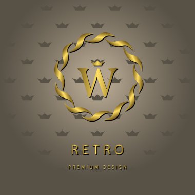 Monogram tasarım öğeleri, zarif şablonu. Zarif hat Sanat logo tasarımı. Mektup amblemi W. Retro Vintage nişan veya logo. İş işareti, kimlik, etiket, rozet, kafe, otel. Vektör çizim