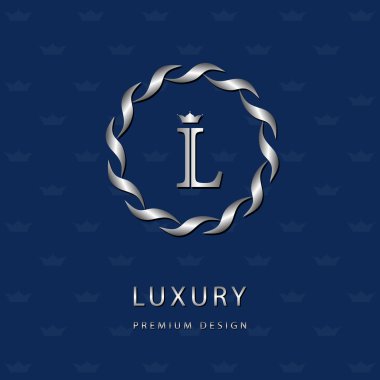 Monogram tasarım öğeleri, zarif şablonu. Zarif hat Sanat logo tasarımı. Mektup amblemi L. Retro Vintage nişan veya logo. İş işareti, kimlik, etiket, rozet, kafe, otel. Vektör çizim