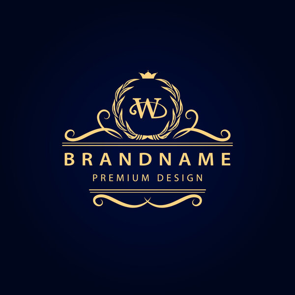 Элементы дизайна монограммы, изящный шаблон. Дизайн логотипа каллиграфической элегантной линии. Эмблема W для королевских особ, визитная карточка, бутик, отель, ресторан, кафе, ювелирные изделия. Векторная иллюстрация
