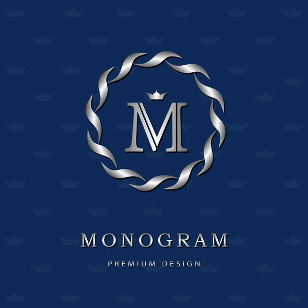 Elementi di design monogram, modello grazioso. Elegante linea d'arte logo design. Emblema lettera M. Retro Vintage Insegne o logotipo. Segno di affari, identità, etichetta, distintivo, caffè, hotel. Illustrazione vettoriale — Vettoriale Stock