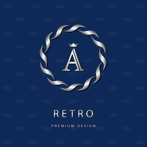 Elementi di design monogram, modello grazioso. Elegante linea d'arte logo design. Lettera emblema A. Retro Vintage Insegne o logotipo. Segno di affari, identità, etichetta, distintivo, caffè, hotel. Illustrazione vettoriale — Vettoriale Stock