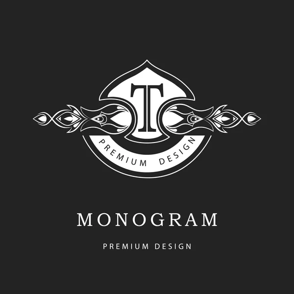 Monogram designelement med graciösa mall. Kalligrafiska elegant linje art Logotypdesign. Brev skylt emblem T för kungligheter, visitkort, Boutique Hotel, restaurang, Cafe, smycken. Vektor illustration — Stock vektor