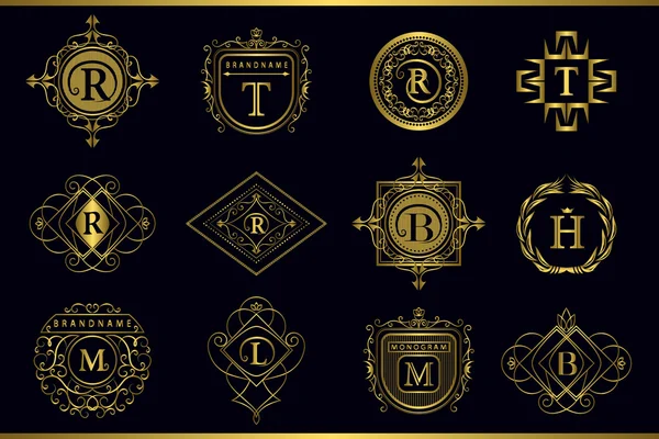 Vector Monogram design elements, graceful template. Calligraphic elegant line art logo design. Gold Letter emblem M, B, R, H, T, L for Royalty, business card, Boutique, Hotel, Restaurant, Cafe. Royalty Free Stock Vectors