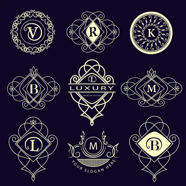 Monogram design elements, graceful template. Calligraphic elegant line art logo design. Letter emblem B, L, M, V, R, K for Royalty, business card, Boutique, Hotel, Heraldic. Vector illustration Royalty Free Stock Vectors