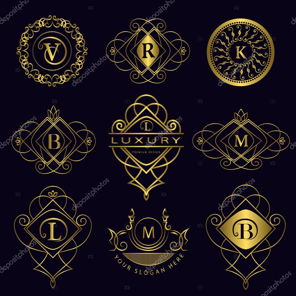 Vector illustration of Monogram design elements, graceful template. Calligraphic elegant line art logo design. Letter emblem B, L, M, V, R, K for Royalty, business card, Boutique, Hotel, Heraldic