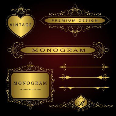 Monogram design elements and page decoration - vector set, graceful template. Calligraphic elegant line art logo design. Wedding vintage. Gold emblem. Vector illustration