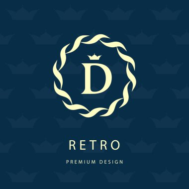 Monogram design elements, graceful template. Elegant line art logo design. Letter emblem D. Retro Vintage Insignia or Logotype. Business sign, identity, label, badge, Cafe, Hotel. Vector illustration