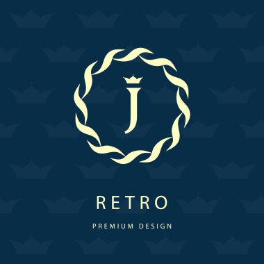 Monogram tasarım öğeleri, zarif şablonu. Zarif hat Sanat logo tasarımı. Mektup amblemi J. Retro Vintage nişan veya logo. İş işareti, kimlik, etiket, rozet, kafe, otel. Vektör çizim