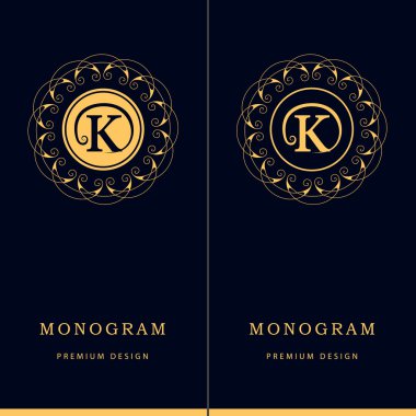 Monogram design elements, graceful template. Letter emblem sign K. Calligraphic elegant line art logo design for business cards, Royalty, Boutique, Cafe, Hotel, Heraldic, Jewelry. Vector illustration