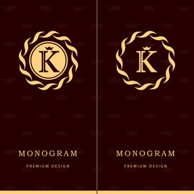 Monogram design elements, graceful template. Letter emblem sign K. Calligraphic elegant line art logo design for business cards, Royalty, Boutique, Cafe, Hotel, Heraldic, Jewelry. Vector illustration