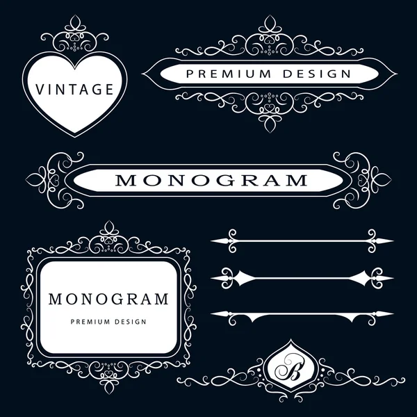 Monogram design elements and page decoration - vector set, graceful template. Calligraphic elegant line art logo design. Wedding vintage. Vector illustration — Stok Vektör