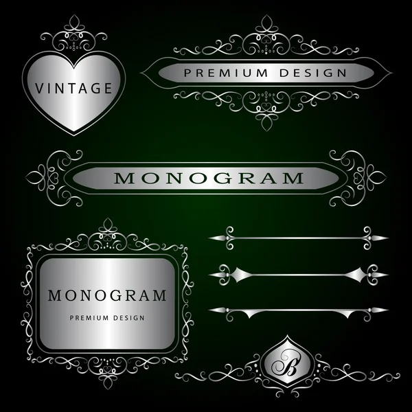 Elementos de diseño de monograma y decoración de página - conjunto de vectores, plantilla elegante. Caligrafía elegante línea de diseño de logotipo de arte. Boda vintage. Un emblema de plata. Ilustración vectorial — Vector de stock