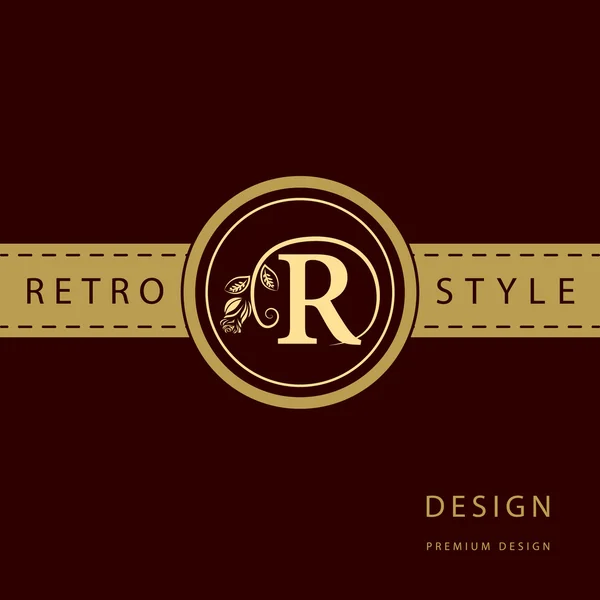 Monogram designelementer, yndefuld skabelon. Kalligrafisk elegant linje art logo design. Brev emblem tegn R for Royalty, visitkort, Boutique, Hotel, Restaurant, Cafe, Smykker. Vektorillustration – Stock-vektor