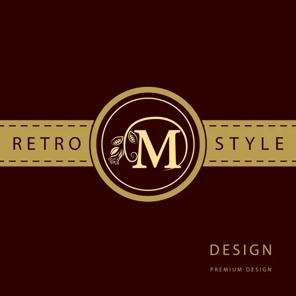 Elementi di design monogram, modello grazioso. Logo calligrafico elegante linea art design. Lettera emblema segno M per Royalty, biglietto da visita, Boutique, Hotel, Ristorante, Caffè, Gioielli. Illustrazione vettoriale — Vettoriale Stock