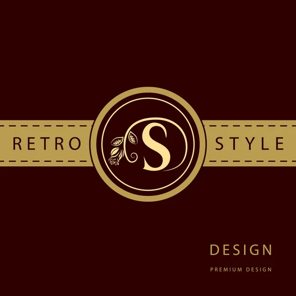 Monograma elementos de design, modelo gracioso. Caligráfico elegante linha arte logotipo design. Carta símbolo S para Royalty, cartão de visita, Boutique, Hotel, Restaurante, Café, Jóias. Ilustração vetorial — Vetor de Stock