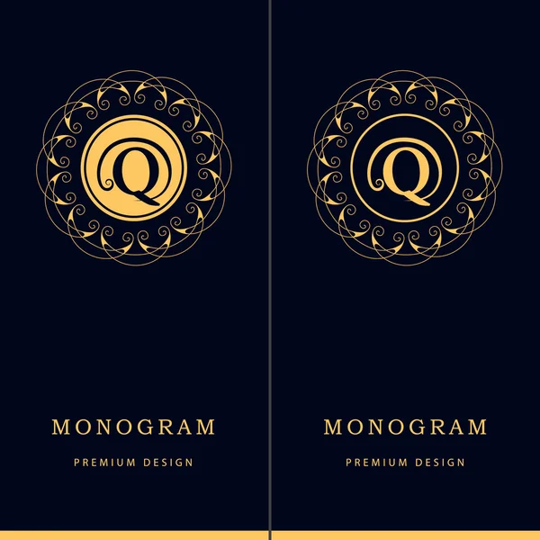 Monogram design elements, graceful template. Letter emblem sign Q. Calligraphic elegant line art logo design for business cards, Royalty, Boutique, Cafe, Hotel, Heraldic, Jewelry. Vector illustration — Stok Vektör