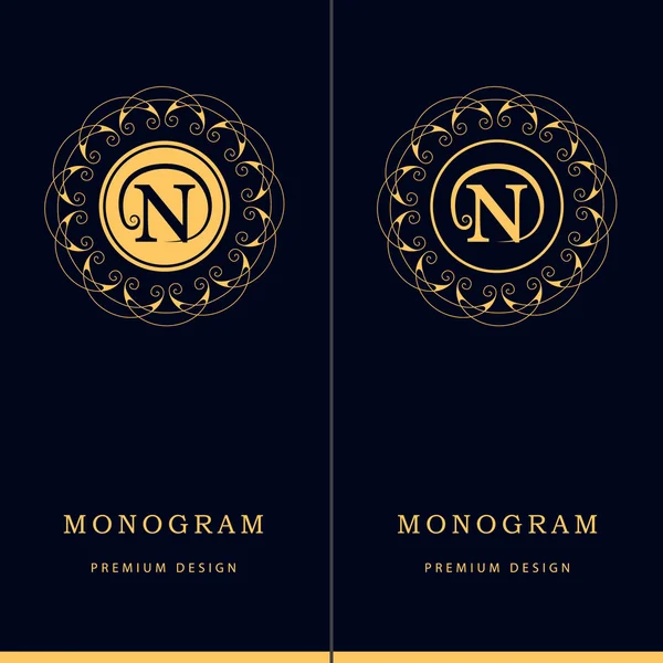 Monogram design elements, graceful template. Letter emblem sign N. Calligraphic elegant line art logo design for business cards, Royalty, Boutique, Cafe, Hotel, Heraldic, Jewelry. Vector illustration — Stock vektor