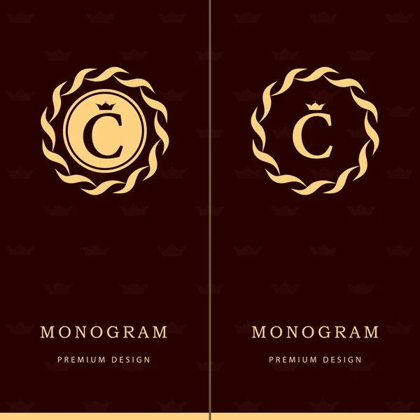 Elementos de diseño de monograma, plantilla elegante. Letra emblema signo C. Caligrafía elegante línea de diseño de logotipo de arte para tarjetas de visita, Royalty, Boutique, Café, Hotel, Heráldico, Joyería. Ilustración vectorial — Archivo Imágenes Vectoriales