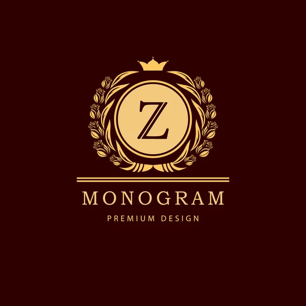 Elemen desain monogram, templat anggun. Kaligrafi elegan desain logo baris seni. Lambang huruf tanda Z untuk Royalty, kartu nama, Boutique, Hotel, Restaurant, Cafe, Jewelry. Ilustrasi vektor - Stok Vektor