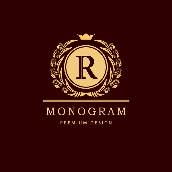 Elementi di design monogram, modello grazioso. Logo calligrafico elegante linea art design. Lettera emblema segno R per Royalty, biglietto da visita, Boutique, Hotel, Ristorante, Caffè, Gioielli. Illustrazione vettoriale — Vettoriale Stock