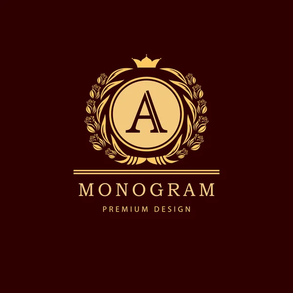 Monograma elementos de design, modelo gracioso. Caligráfico elegante linha arte logotipo design. Carta emblema sinal A para Royalty, cartão de visita, Boutique, Hotel, Restaurante, Café, Jóias. Ilustração vetorial — Vetor de Stock