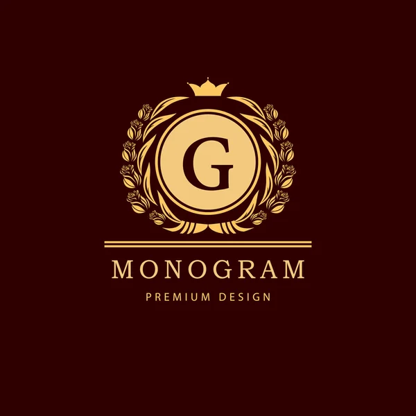 Monograma elementos de design, modelo gracioso. Caligráfico elegante linha arte logotipo design. Carta símbolo G para Royalty, cartão de visita, Boutique, Hotel, Restaurante, Café, Jóias. Ilustração vetorial —  Vetores de Stock