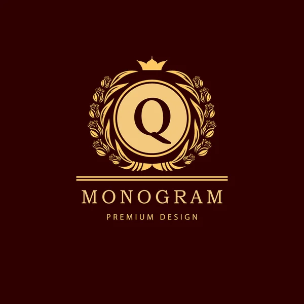 Elementos de diseño de monograma, plantilla elegante. Caligrafía elegante línea de diseño de logotipo de arte. Letra emblema signo Q para Royalty, tarjeta de visita, Boutique, Hotel, Restaurante, Café, Joyería. Ilustración vectorial — Vector de stock