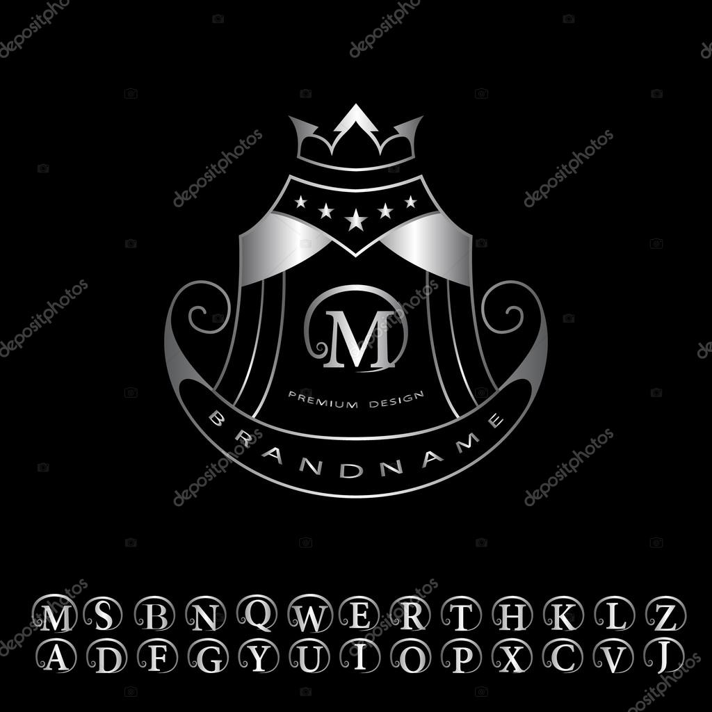 Vector illustration of Monogram design elements, graceful template. Calligraphic elegant line art logo design. Letter silver emblem M for Royalty, business card, Boutique, Hotel, Restaurant. Muslim dome