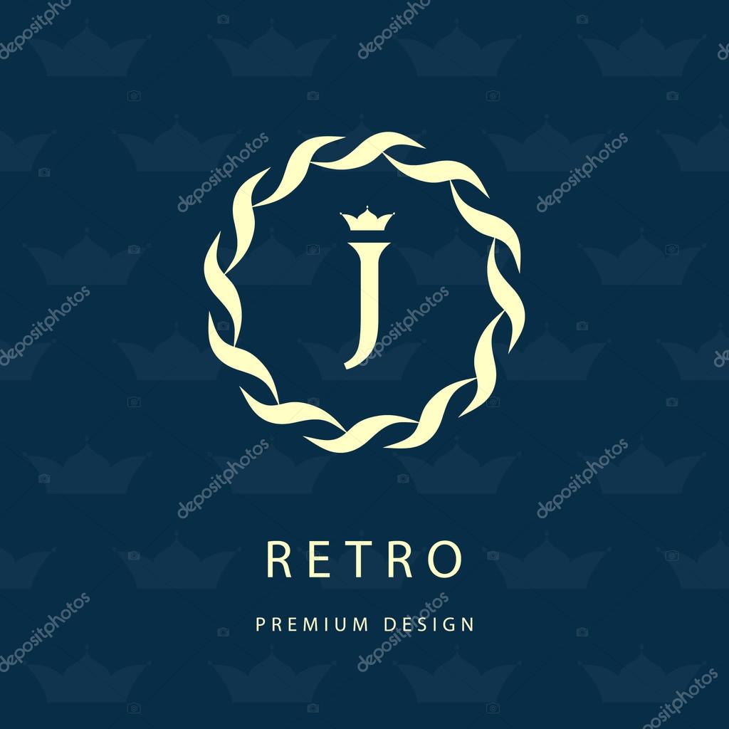 Vector illustration of Monogram design elements, graceful template. Elegant line art logo design. Letter emblem J. Retro Vintage Insignia or Logotype. Business sign, identity, label, badge, Cafe, Hotel