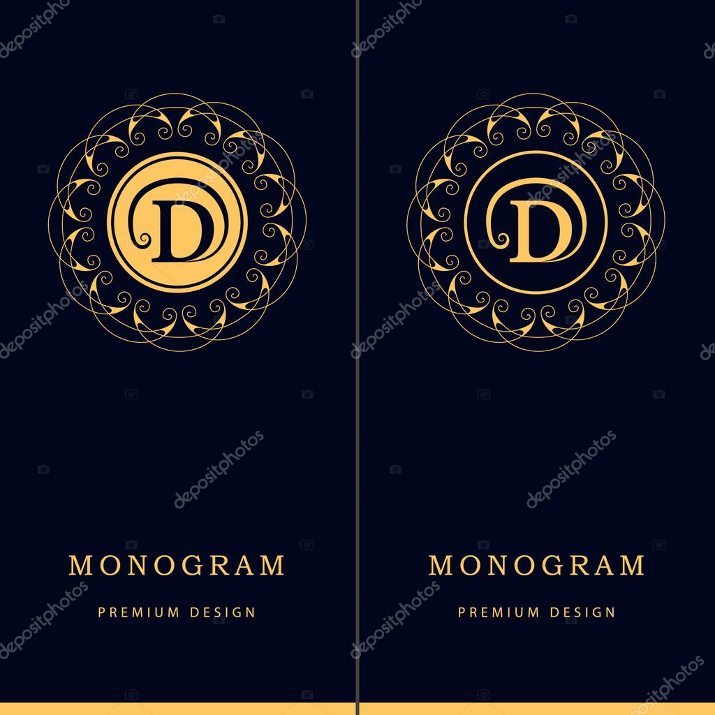 Vector illustration of Monogram design elements, graceful template. Letter emblem sign D. Calligraphic elegant line art logo design for business cards, Royalty, Boutique, Cafe, Hotel, Heraldic, Jewelry