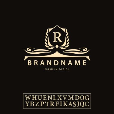 Lüks Vintage logo. İş işaret, etiket, mektup amblemi R için rozet, sorguç, Restoran, telif, butik marka, otel, Heraldic, takı, moda, emlâk, Resort, dövme, Müzayede. Vektör