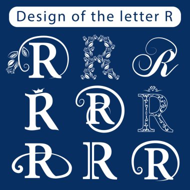 Design of the letter R. Calligraphic elegant line art logo elements. Set Abstract Icon template. Emblem sign for Royalty, business card, Boutique, Hotel, Restaurant, Cafe, Jewelry. Vector illustration