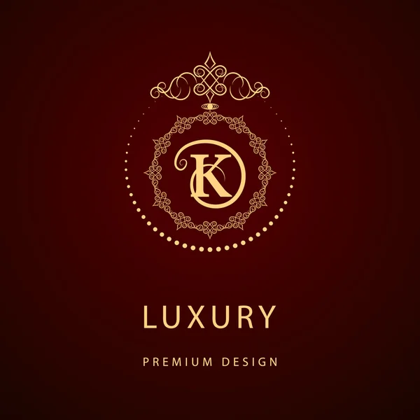 Elementi di design monogram, modello grazioso. Logo calligrafico elegante linea art design. Lettera segno emblema K per Royalty, biglietto da visita, Boutique, Hotel, Ristorante, Caffè, Gioielli. Illustrazione vettoriale — Vettoriale Stock