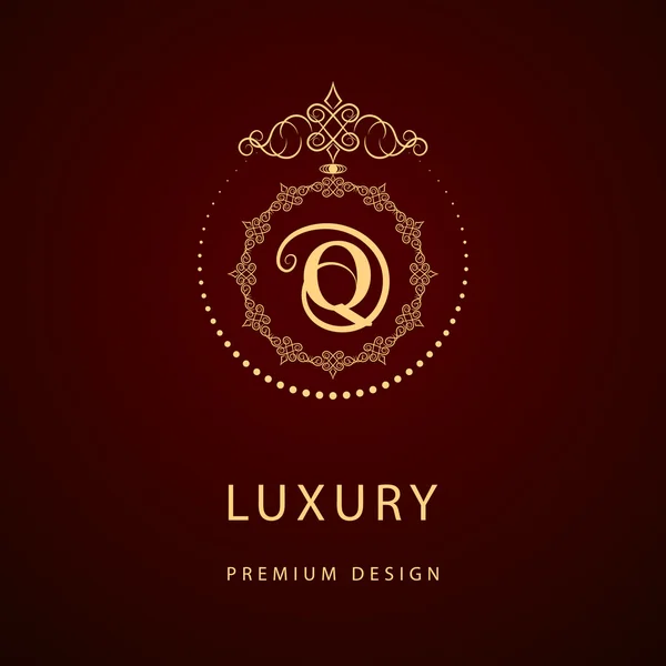 Monograma elementos de design, modelo gracioso. Caligráfico elegante linha arte logotipo design. Carta emblema sinal Q para Royalty, cartão de visita, Boutique, Hotel, Restaurante, Café, Jóias. Ilustração vetorial —  Vetores de Stock