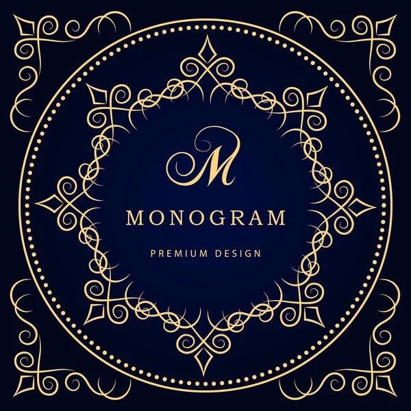 Monograma elementos de design, modelo gracioso. Caligráfico elegante linha arte logotipo design. Carta emblema sinal M para Royalty, cartão de visita, Boutique, Hotel, Restaurante, Café, Jóias. Ilustração vetorial —  Vetores de Stock