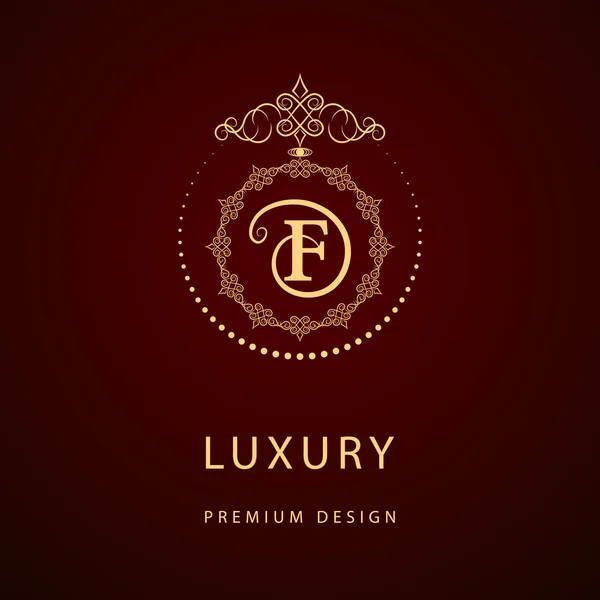 Monograma elementos de design, modelo gracioso. Caligráfico elegante linha arte logotipo design. Carta emblema sinal F para Royalty, cartão de visita, Boutique, Hotel, Restaurante, Café, Jóias. Ilustração vetorial —  Vetores de Stock