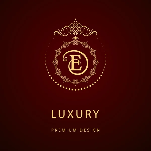 Monograma elementos de design, modelo gracioso. Caligráfico elegante linha arte logotipo design. Carta emblema sinal E para Royalty, cartão de visita, Boutique, Hotel, Restaurante, Café, Jóias. Ilustração vetorial —  Vetores de Stock