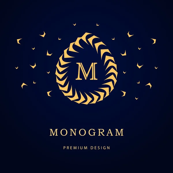 Monograma elementos de design, modelo gracioso. Caligráfico elegante linha arte logotipo design. Carta emblema sinal M para Royalty, cartão de visita, Boutique, Hotel, Restaurante, Café, Jóias. Ilustração vetorial —  Vetores de Stock