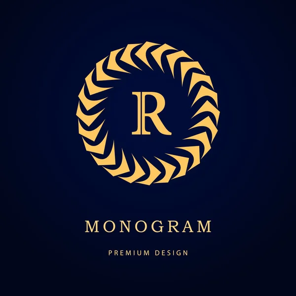 Elementi di design monogram, modello grazioso. Logo calligrafico elegante linea art design. Lettera emblema segno R per Royalty, biglietto da visita, Boutique, Hotel, Ristorante, Caffè, Gioielli. Illustrazione vettoriale — Vettoriale Stock