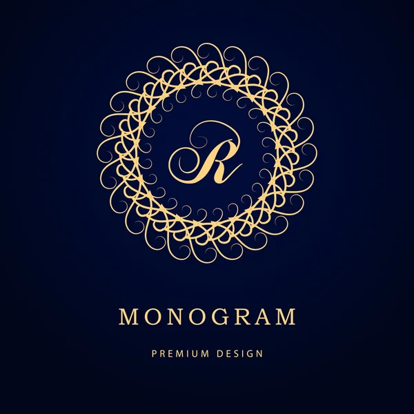 Eléments de conception monogramme, modèle gracieux. Calligraphie élégante ligne art logo design. Lettre emblème signe R pour Royauté, carte de visite, Boutique, Hôtel, Restaurant, Café, Bijoux. Illustration vectorielle — Image vectorielle